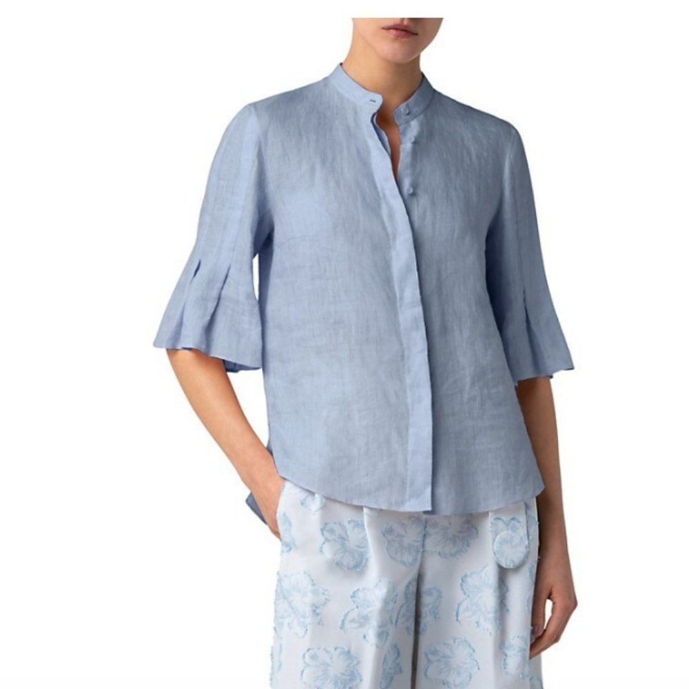 Akris Punto Blue Chambray Mandarin Collar Pleated Sleeve Blouse 4 Quiet Luxury